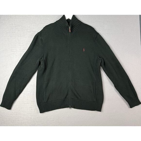 Polo Ralph Lauren Full Zip Sweater Men's L Hunter Green 100% Cotton Heritage - Picture 1 of 12